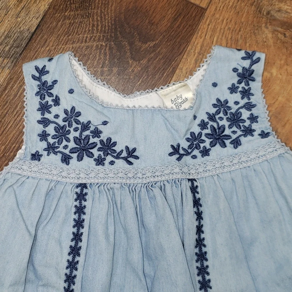 Baby B'Gosh Blue Chambray Sleeveless Floral Embroidered Dress, Size 24M